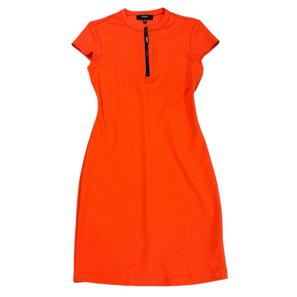 Guess Coral Orange 1/4 Zip Front Short Sleeve Midi Dress - Size Small - Picture 6 of 15
